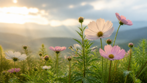 Wildflowers and fresh green growth after a gentle rain.