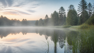 A still lake at dawn with soft mist and reflections.