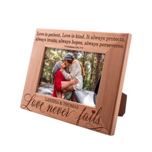 Personalized Love Never Fails Wood Picture Frame with 1 Corinthians 13 Scripture