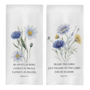 Christian Kitchen Towels Set with Romans 12:12 and Psalm 106:1, Watercolor Floral Tea Towels