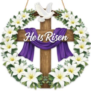 He Is Risen Cross Door Hanger with Floral Wreath