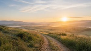 A sunrise path across quiet countryside.